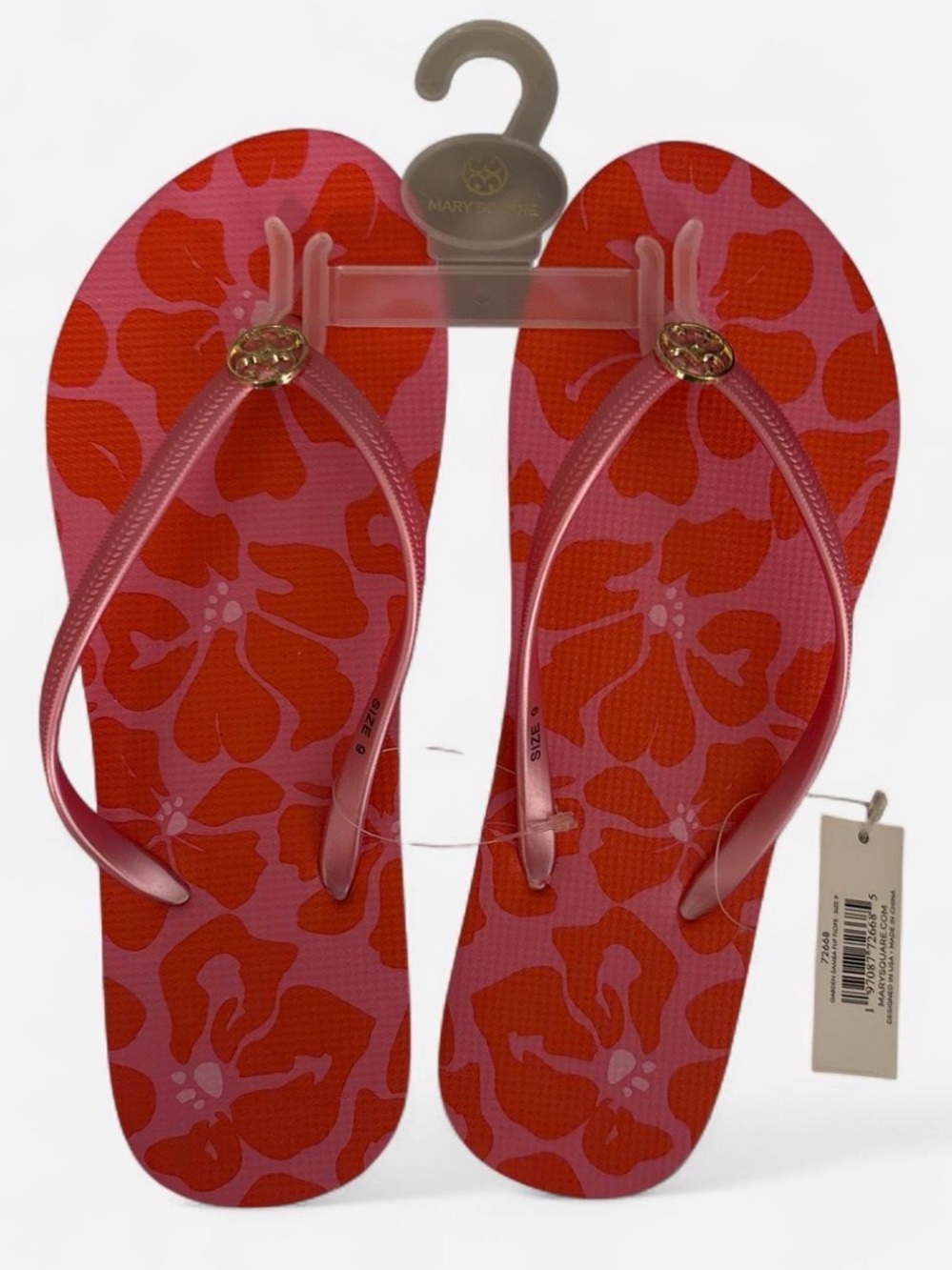 Women’s Pink Floral Flip-Flop Sandals with Gold Logo Accent